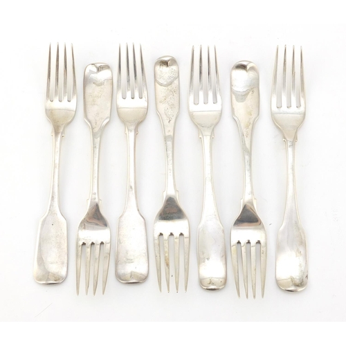 161 - Matched set of seven Georgian silver table forks, incomplete hallmarks, each 18.5cm in length, 374.2... 