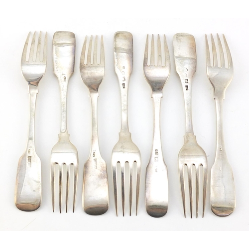 161 - Matched set of seven Georgian silver table forks, incomplete hallmarks, each 18.5cm in length, 374.2... 