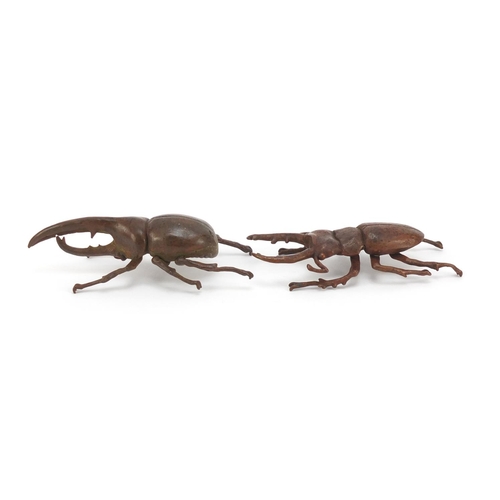 377 - Japanese patinated bronze Hercules beetle and stag beetle, each with impressed character marks to th... 