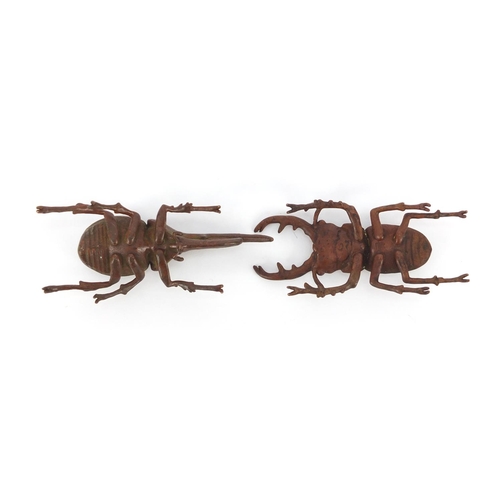 377 - Japanese patinated bronze Hercules beetle and stag beetle, each with impressed character marks to th... 