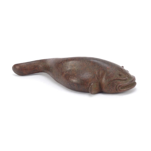 154 - Large Japanese patinated bronze catfish, impressed character marks to the underside, 10.5cm in lengt... 