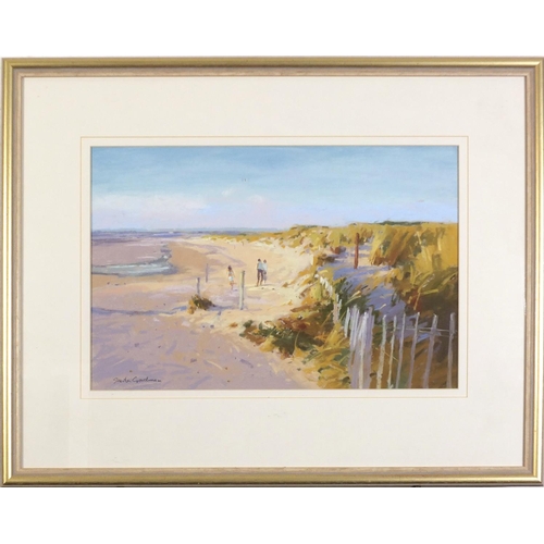 141 - Sheila Goodman - Low tide at East Head, Wittering, pastel, label verso, mounted, framed and glazed, ... 