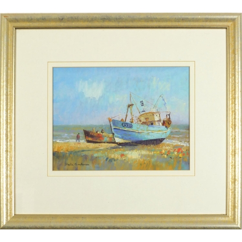 142 - Sheila Goodman - Fishing boats, Hastings, pastel, label verso, mounted, framed and glazed, 30.5cm x ... 