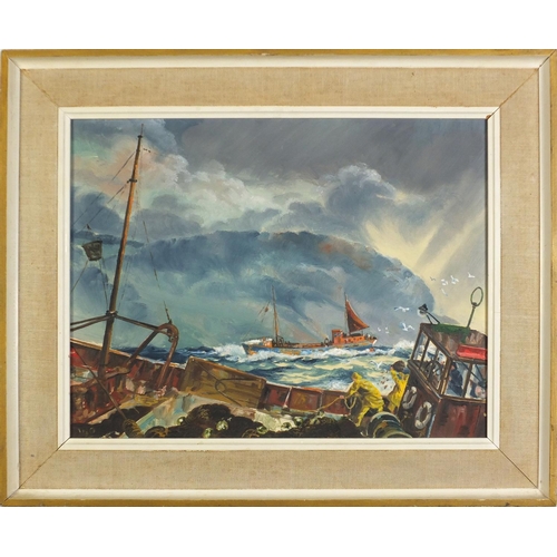 527 - Harold Ing FRSA 1960 - Dartmouth Head, lifeboat at sea, marine oil on board, label verso, mounted an... 