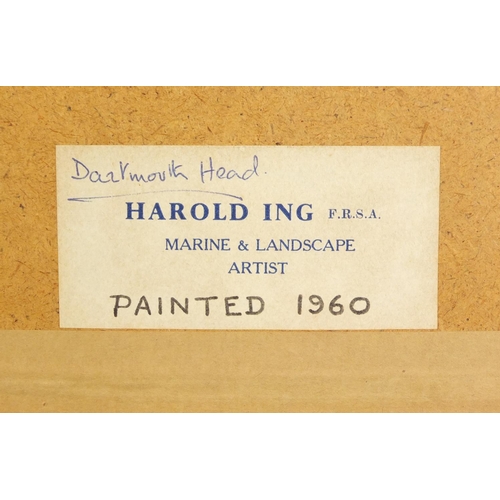 527 - Harold Ing FRSA 1960 - Dartmouth Head, lifeboat at sea, marine oil on board, label verso, mounted an... 