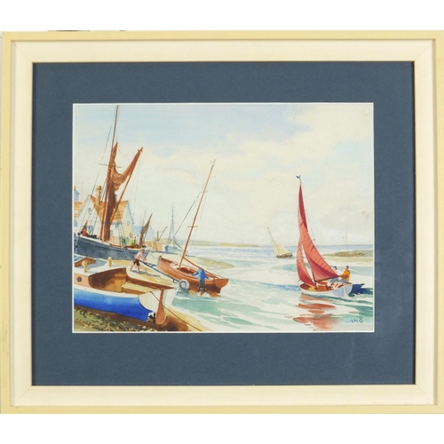 528 - Harold Ing FRSA - Coastal scene with boats, watercolour, mounted, framed and glazed, 24.5cm x 19cm