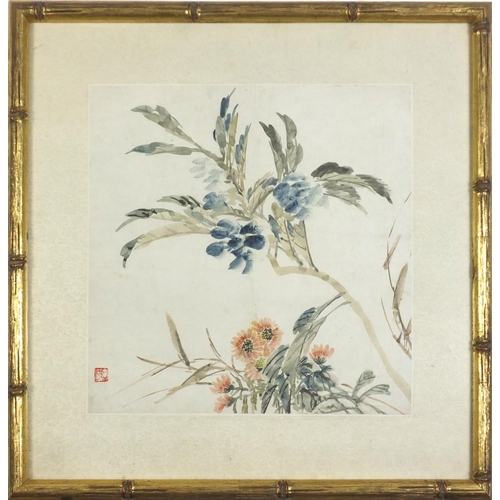 144 - Flowers with red seal marks, Chinese watercolour, framed and glazed, 30.5cm x 30.5cm