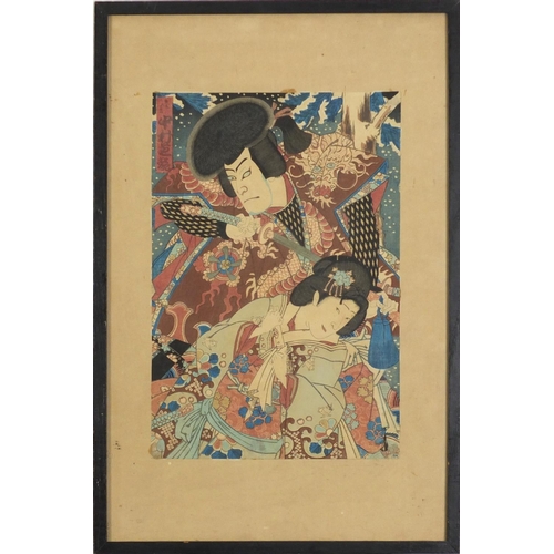 380 - Toyohara Kunichika - Warrior and Geisha, 19th century Japanese wood block print, framed and glazed, ... 