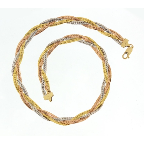 358 - 9ct three tone gold weave design necklace, 38cm in length, 13.5g