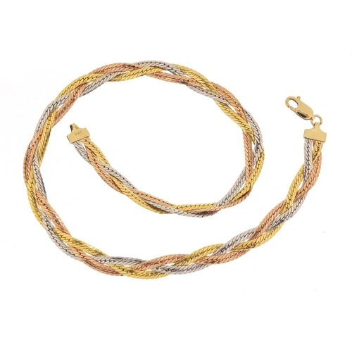 358 - 9ct three tone gold weave design necklace, 38cm in length, 13.5g