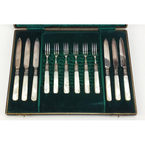 513 - Set of six Victorian silver fish knives and forks with mother of pearl handles by CW Fletcher & Son ... 