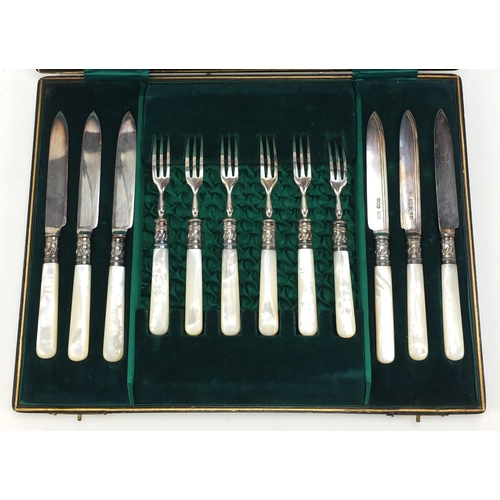 513 - Set of six Victorian silver fish knives and forks with mother of pearl handles by CW Fletcher & Son ... 