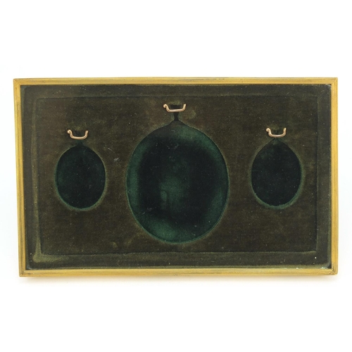 329 - Victorian gilt brass portrait miniature, easel case with three oval apertures, 20cm x 12.5cm