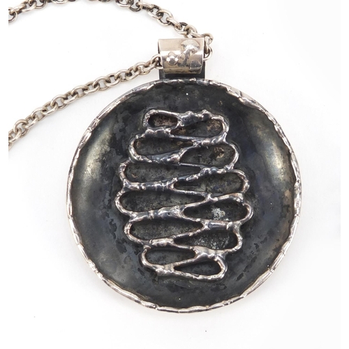 227 - Modernist Danish silver plated pendant on chain by AD Design, the pendant 7cm high