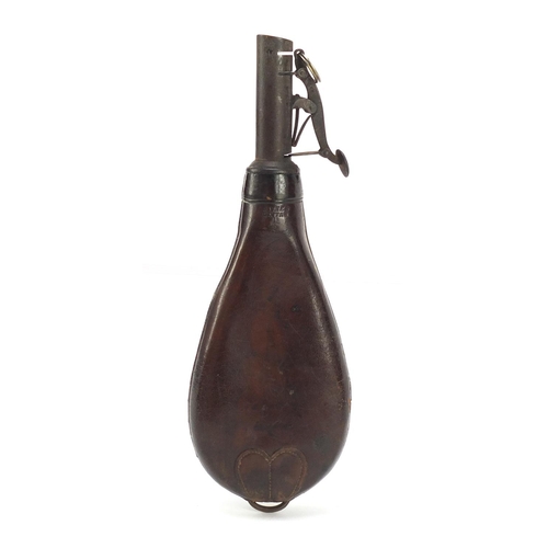 431 - Victorian brown leather powder flask by Sykes, 20.5cm in length