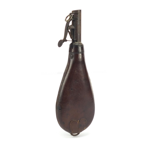 431 - Victorian brown leather powder flask by Sykes, 20.5cm in length