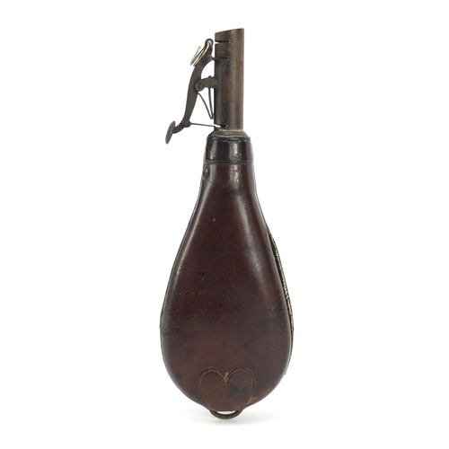 431 - Victorian brown leather powder flask by Sykes, 20.5cm in length