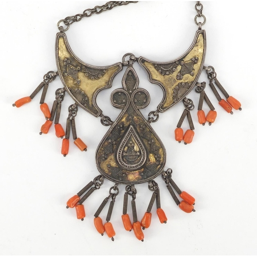 167 - Middle Eastern unmarked silver pendant on chain with coral drops, possibly Indian or Berber Moroccan... 