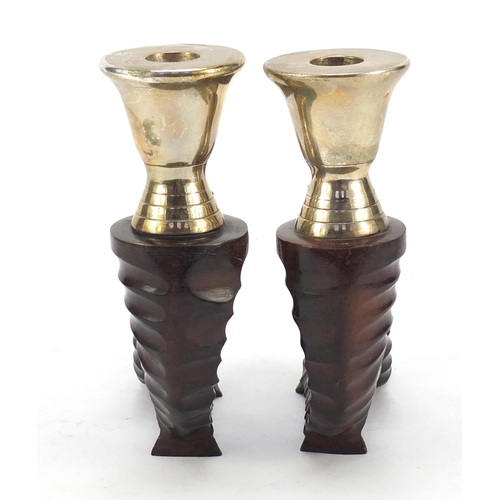 288 - Pair of American Hollywood Regency style patinated bronze ram horn candlesticks, possibly by Chapman... 