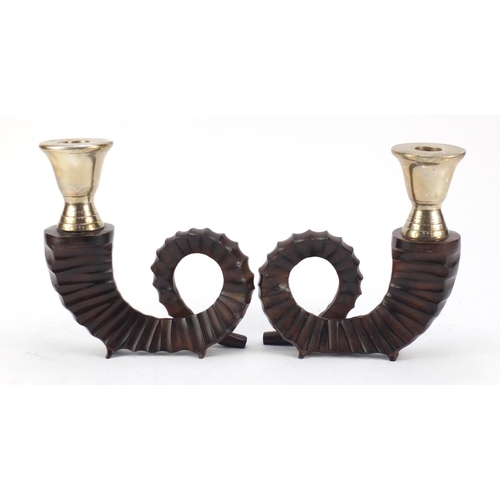 288 - Pair of American Hollywood Regency style patinated bronze ram horn candlesticks, possibly by Chapman... 