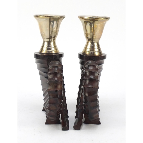 288 - Pair of American Hollywood Regency style patinated bronze ram horn candlesticks, possibly by Chapman... 