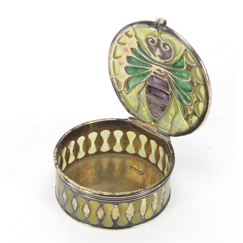 223 - Good unmarked silver and plique á jour enamel patch box by Child & Child of London, the hinged lid e... 