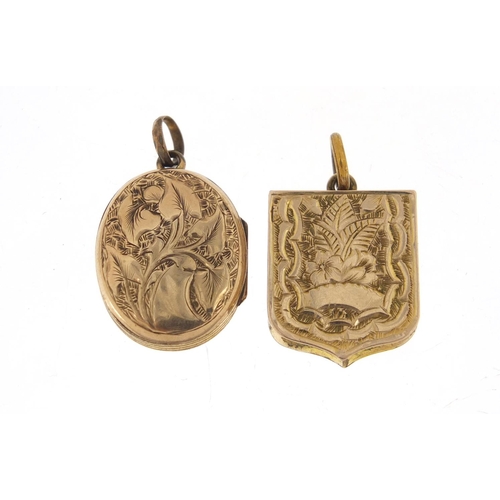 537 - Victorian gold coloured metal and enamel locket and a  shield shaped example, the largest 2cm high