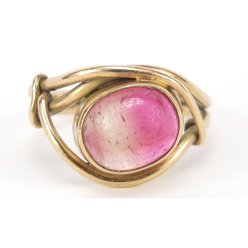 484 - 9ct gold cabochon pink stone ring, size O, 4.8g