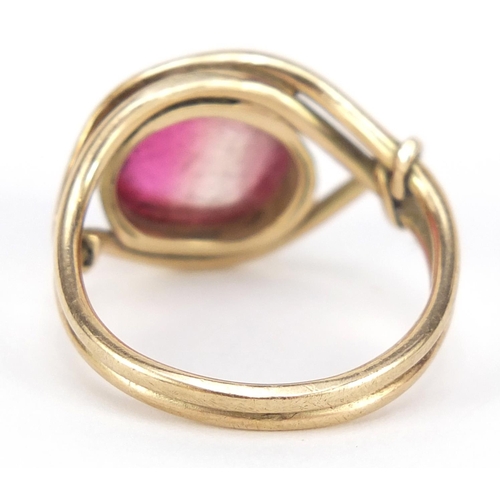 484 - 9ct gold cabochon pink stone ring, size O, 4.8g