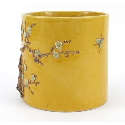 516 - Chinese porcelain yellow ground brush pot hand painted and decorated in relief with peony blossom, s... 