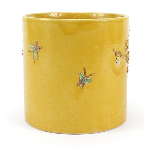 516 - Chinese porcelain yellow ground brush pot hand painted and decorated in relief with peony blossom, s... 