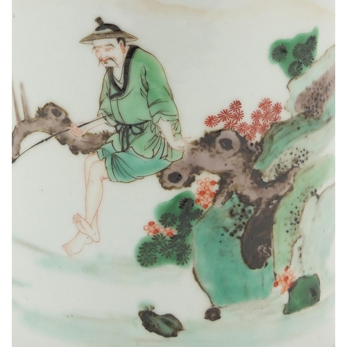 146 - Chinese porcelain cylindrical brush pot, hand painted in the famille verte palette with a fisherman,... 