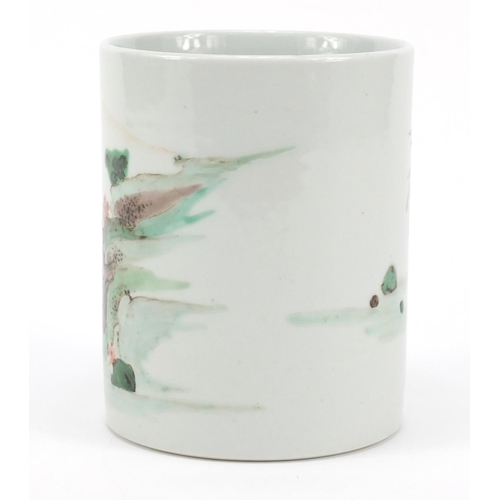 146 - Chinese porcelain cylindrical brush pot, hand painted in the famille verte palette with a fisherman,... 