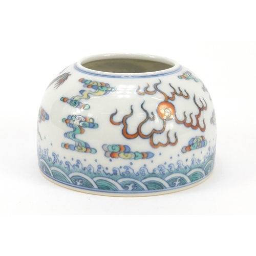 403 - Chinese doucai porcelain brush pot, hand painted with a dragon amongst clouds chasing a flaming pear... 