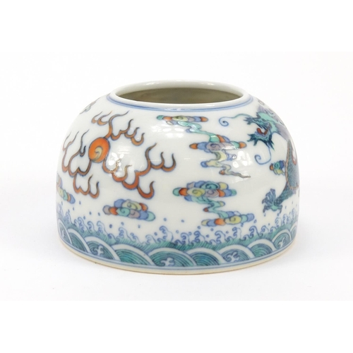 403 - Chinese doucai porcelain brush pot, hand painted with a dragon amongst clouds chasing a flaming pear... 