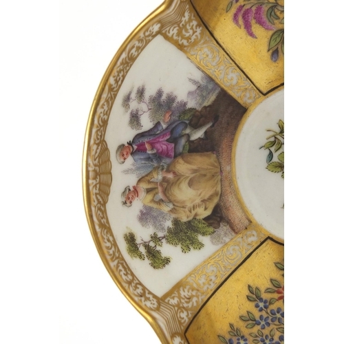 99 - Meissen porcelain dish, hand painted with panels of lovers and flowers, blue crossed sword marks to ... 