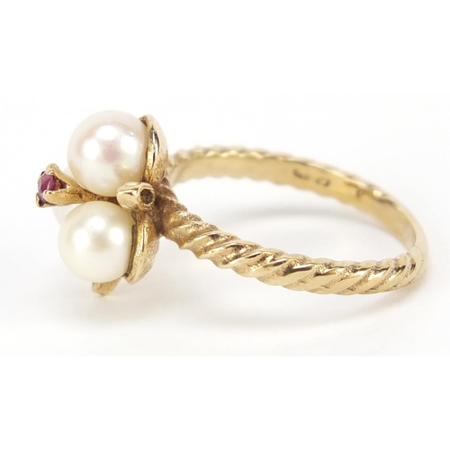 486 - 9ct gold pearl and purple stone ring, size L, 3.4g