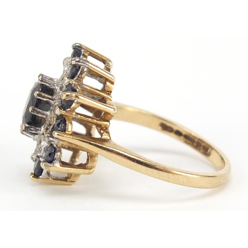 398 - 9ct gold diamond and sapphire cluster ring, size M, 4.7g