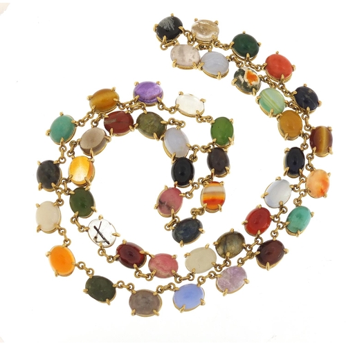 76 - Good 18ct gold necklace set with symmetrical cabochon semi precious stones, including opal, lapis la... 