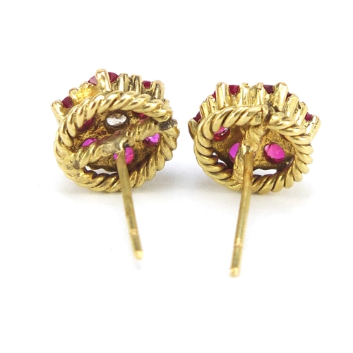 361 - Pair of unmarked gold ruby and diamond cluster earrings, 9mm in diameter, 4.2g