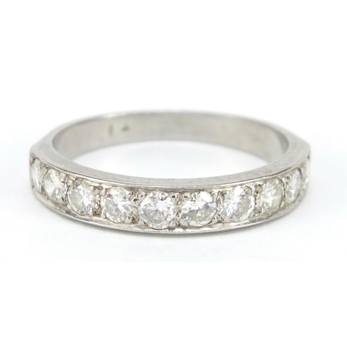 111 - Unmarked white gold and platinum diamond half eternity ring, size P, 4.2g