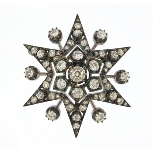 15 - Good Victorian unmarked diamond starburst brooch pendant, set with fifty solitaire diamonds, 4.5cm h... 