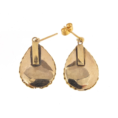 363 - Pair of gold coloured metal cabochon garnet and seed pearl drop earrings, 2.6cm in length, 8.2g