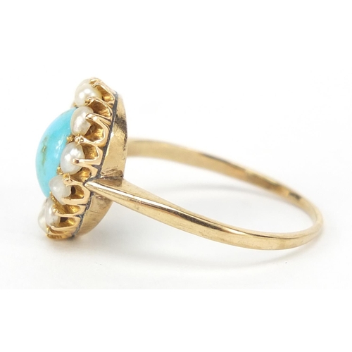 269 - 9ct gold turquoise and pearl ring, size P, 2.9g