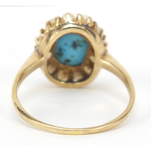 269 - 9ct gold turquoise and pearl ring, size P, 2.9g