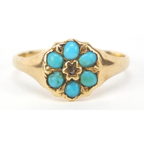 482 - 15ct gold turquoise and diamond flower head ring, size L, 2.4g