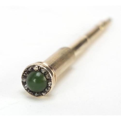 280 - Good unmarked gold, nephrite and diamond set propelling pencil in the style of Fabergé, 4.5cm in len... 