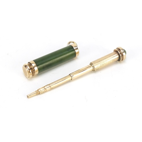 280 - Good unmarked gold, nephrite and diamond set propelling pencil in the style of Fabergé, 4.5cm in len... 