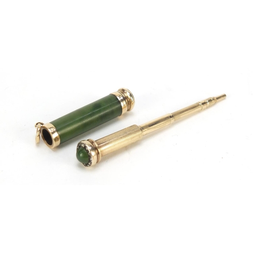 280 - Good unmarked gold, nephrite and diamond set propelling pencil in the style of Fabergé, 4.5cm in len... 