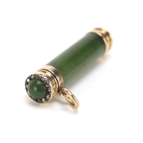 280 - Good unmarked gold, nephrite and diamond set propelling pencil in the style of Fabergé, 4.5cm in len... 